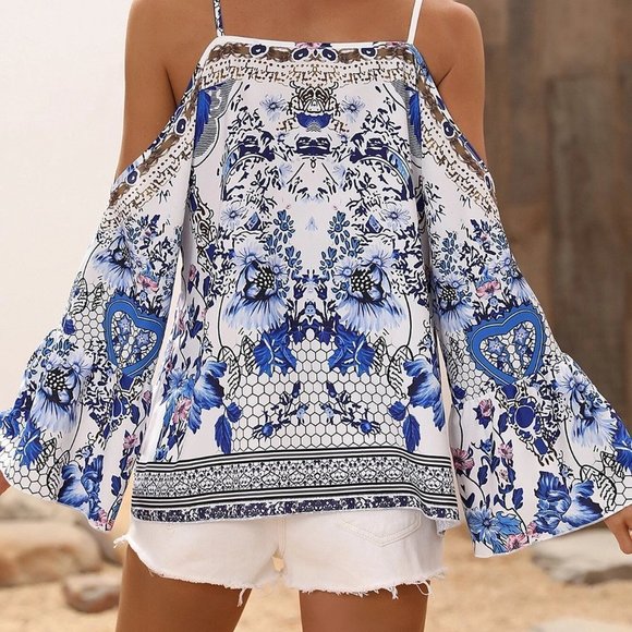 Boho Floral Print Cold Shoulder Tie Front Flounce Sleeve Blouse - Picture 3 of 5